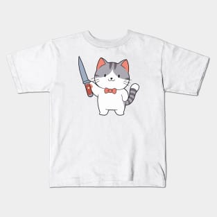 Grey Cat Holding a Knife Kids T-Shirt